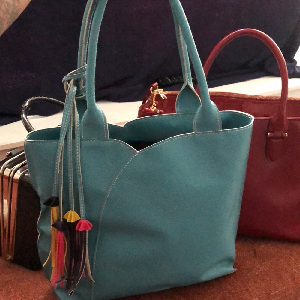 Blue Leather Tote Bag